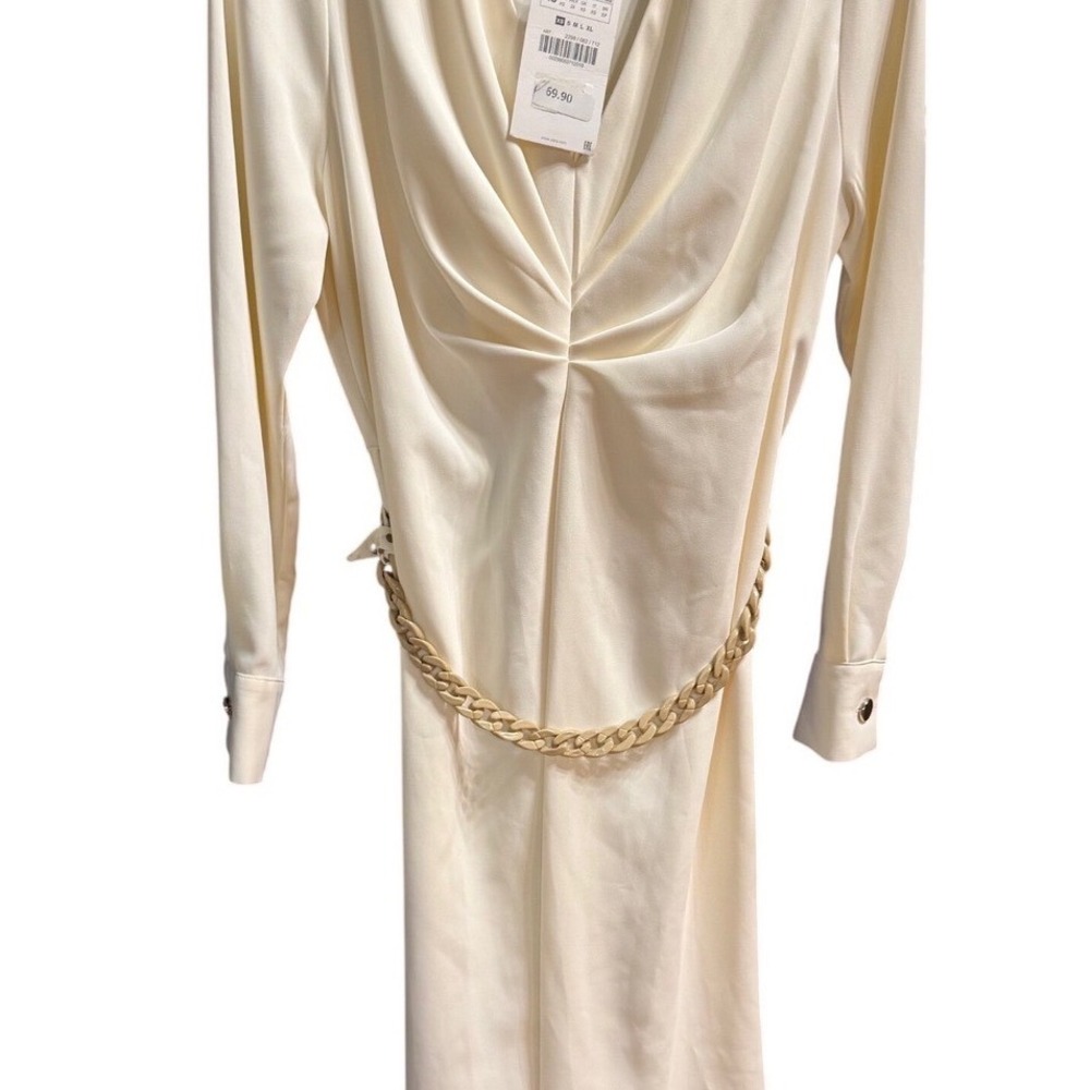 ZARA Cream Ruched V Neck Long Sleeve Midi Dress with Chain and polka dot belt XS